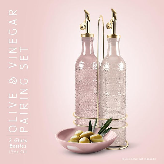 COOK WITH COLOR Glass Olive Oil Bottle Dispenser - 2 Pack- 17oz Oil and Vinegar Cruet - Olive Oil Carafe Decanter for Kitchen, Champagne Bubbles, Pink