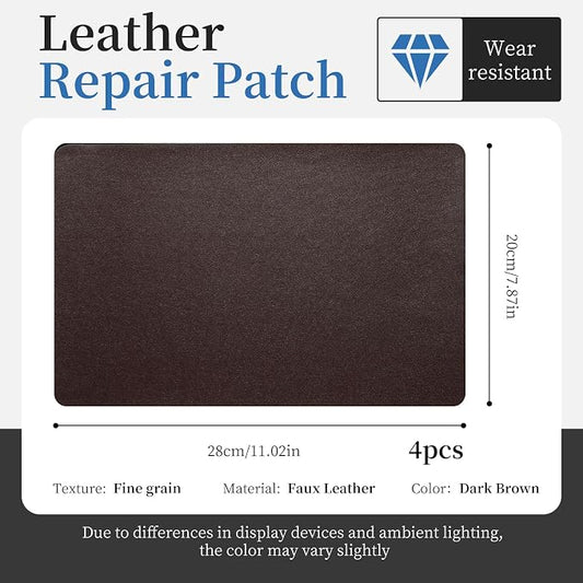 4 Pcs Leather Repair Patch Tape Self-Adhesive, 8x11In Heavy Duty Vinyl Patch, Leather Repair Kit for Furniture, Sofa, Couch, Office Chair, Car Seat, Car Interior (Dark Brown-Fine Grain)
