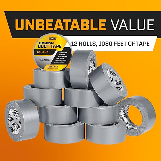 Lockport Duct Tape Heavy Duty Waterproof - 30 Yards x 2 Inch - 12 Roll Pack Silver Duct Tape Bulk Pack - No Residue, Flexible, Strong, All-Weather and Easy Tear - Grey Heavy Duty