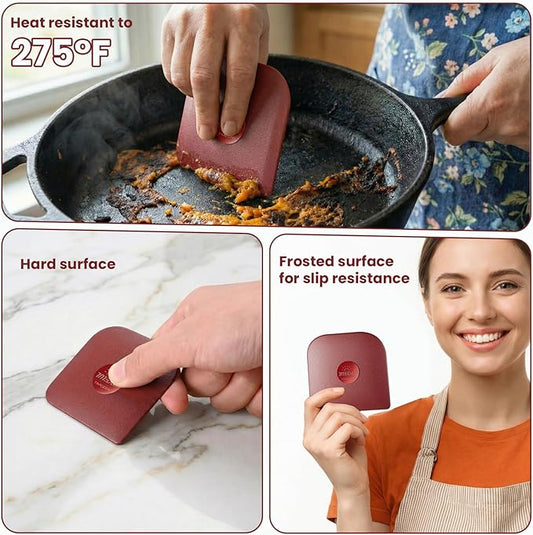 TMEDW Pan Scraper, 5 Pcs Pot Scraper, Pan Scraper Plastic, Multifunctional Scraper Tool for Kitchen, Non-Slip, Food Safe, High Heat Resistant-Red