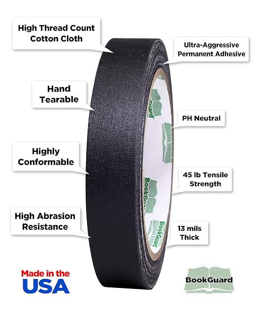 BookGuard 0.75 inch Premium Bookbinding Repair Cloth Tape, 15 Yard Roll, Black