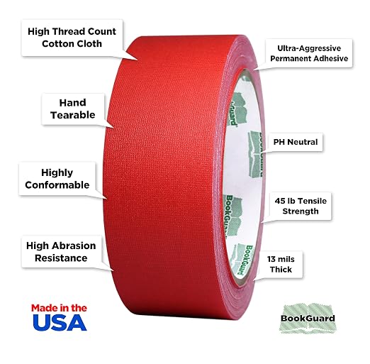 BookGuard 1-1/2 Inch Vinyl-Coated Cotton Cloth Bookbinding Repair Tape, 15 Yard Roll, Red