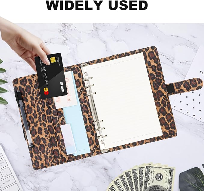 Convend A5/A6 Refillable 6 Ring Faux Leather Binder with Raised Leopard Texture,Mini Notebook Binder Cover for A5 Filler Paper,Loose Leaf Personal Planner Cover with Magnetic Buckle Closure(Leopard)