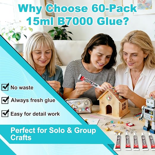 60 Tube B-7000 Glue 15Ml/0.5 fl oz- Strong Transparent Rhinestone Glue with Precision Tip, Waterproof, Flexible, Bulk B7000 Glues Paste Adhesive for DIY Craft Jewelry Making Shoes Phone Repair