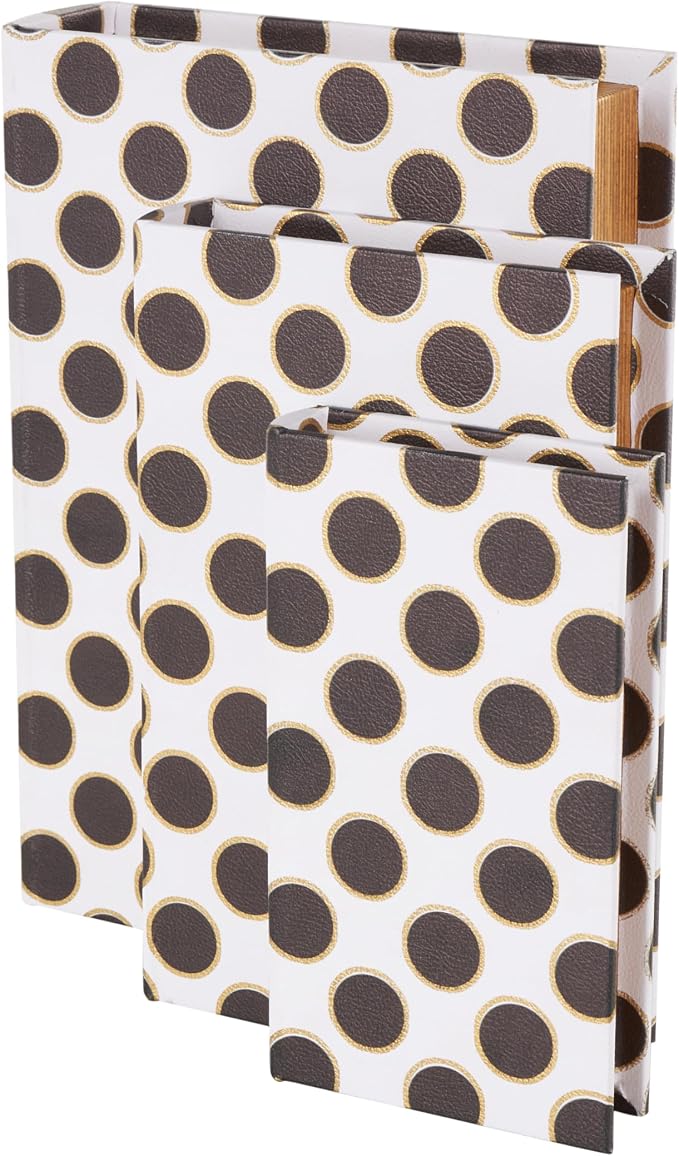 Deco 79 Faux Leather Decorative Box Faux Book Storage Book Shaped Boxes with Black and Gold Circle Patterns, Set of 3 Decorative Keepsake Boxes 13", 11", 9"H, White