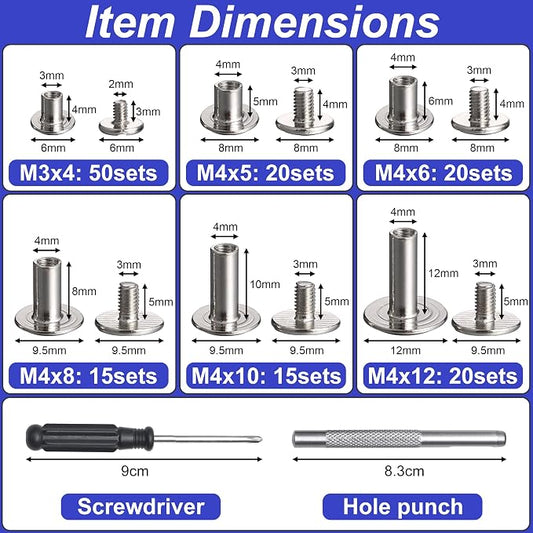 YORANYO 140 Sets Chicago Screws Leather Rivets Kit for Fabric Leather Crafting 6 Sizes Chicago Binding Screws for Decorate and Repair Belt Bag Shoes Purse Pet Collar Clothing Bookbinding (Silver)