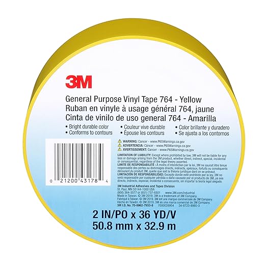 3M Vinyl Tape 764, General Purpose, 2 in x 36 yd, Yellow, 1 Roll, Light Traffic Floor Marking Tape, Social Distancing, Color Coding, Safety, Bundling