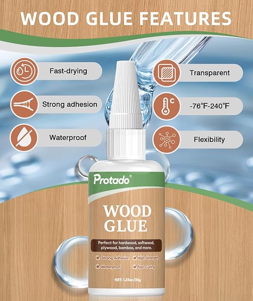 Wood Glue, 35g Heavy Duty Super Strong Clear Glue, Waterproof Heat Resistant Adhesive for Wood Bonding, Repair, Furniture, Plywood, MDF, Carpentry, DIY Kits