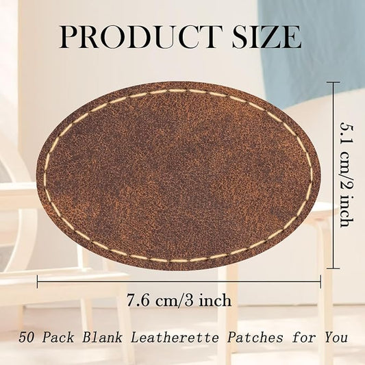50 Pack Blank Leatherette Hat Patch with Adhesive, Rectangle Laserable Leatherette Patch, Faux Leather Patches for Hats Custom Fabric Repair Sew Laser Supplies (Chestnut-Oval)