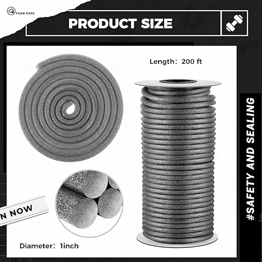 MotiMind 1 Inch x 200 ft Foam Backer Rod for Gaps Joints Concrete Crack Filler Caulk Saver Bulk Foam Backing Rod Concrete Filler Rope for Weather Stripping Door Seal(Gray)