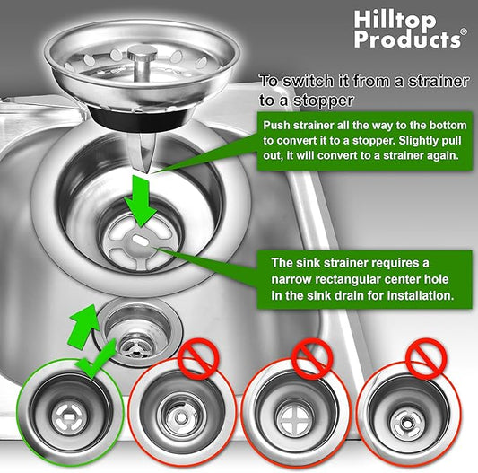 2 Pack - Kitchen Sink Strainer and Stopper Combo Basket Spring Clip Replacement for Standard 3-1/2 inch Drain, Stainless Steel Basket and Rod, Rubber Stopper Bottom