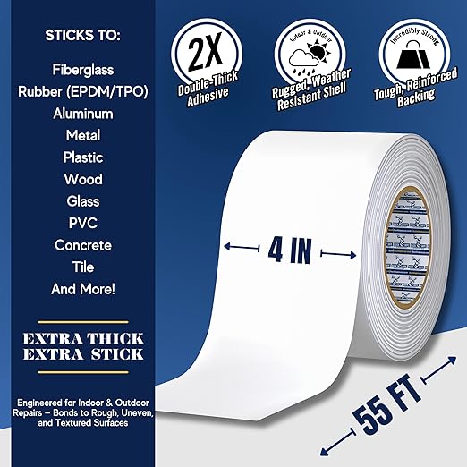 2 Pack Buck RV Roof Sealant Tape – 4 Inch x 55ft, 40 Mil – Waterproof RV Tape for Roof Repair, Seams, Skylights, Vents & Window Leaks on Camper, Trailer & Boat, UV Resistant & Weatherproof, White
