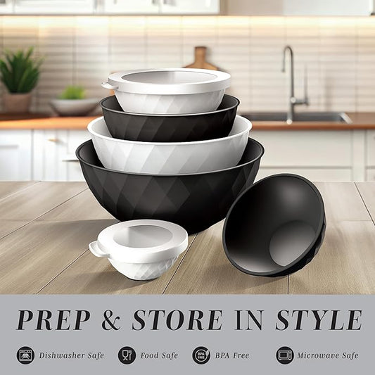 COOK WITH COLOR Mixing Bowls with Lids - 12 Piece Plastic Nesting Bowls Set includes 6 Prep Bowls and 6 Lids, Microwave Safe Mixing Bowl Set, Black and White Diamond