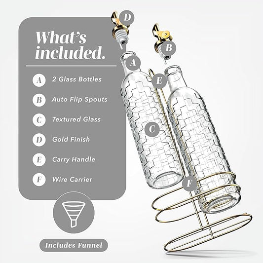 COOK WITH COLOR Glass Olive Oil Bottle Dispenser - 2 Pack- 17oz Oil and Vinegar Cruet - Olive Oil Carafe Decanter for Kitchen, Checkered, Clear
