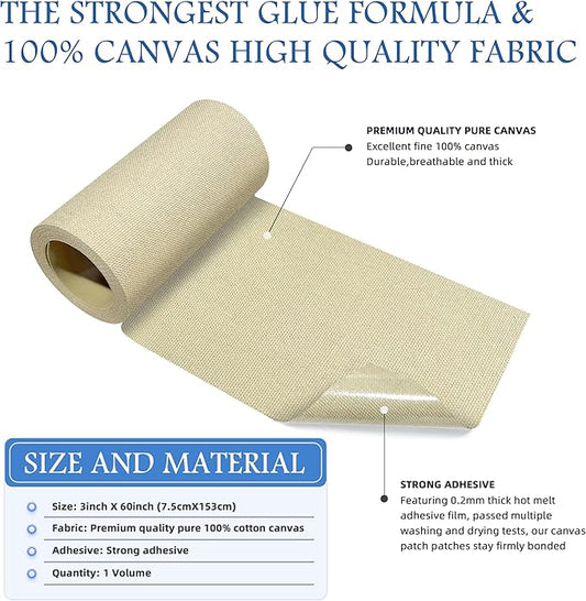 KING MOUNTAIN Canvas Iron on Patch,3"×60",Waterproof 100% Cotton Fabric Repair Patch,Used for Various Sofa,Tent,Clothes,Seats,Suitcases (Beige Gray)