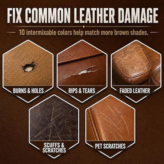 Leather & Vinyl Repair Kit for Furniture, Couch, Sofa, Chair, Car Seat | 10 Brown Shades, No Skills Needed, for Cat Scratch, Crack, Tear, Hole on Faux Upholstery, Recliner, Purse, Shoes, Jacket, RV