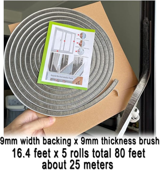 Door Sealer Weather Stripping for Sliding Window Frame Seal Strip, Pile Brush Self Adhesive Weatherstrip Sealer Soundproofing (80ft x11/32 Backing x 11/32 Brush inch, Grey)