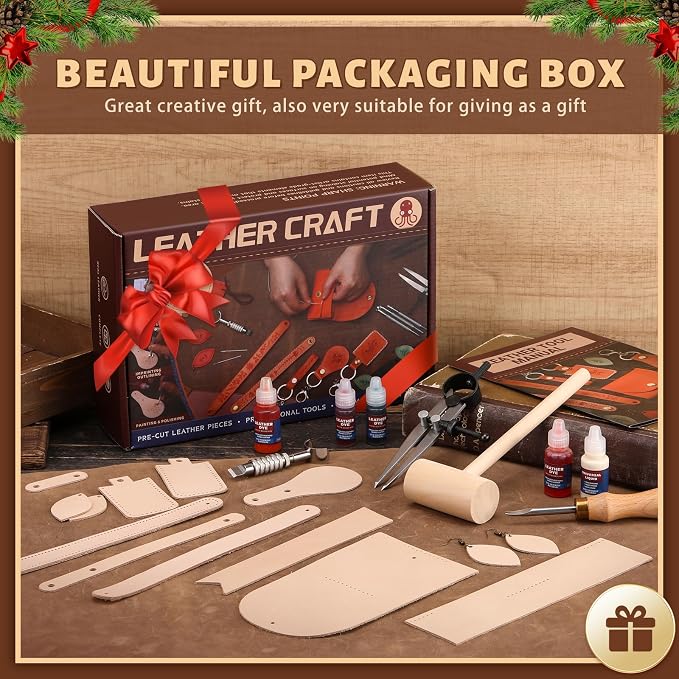 Leather Crafting Kit: Leather Working Tools and Supplies for DIY Craft Beginners Stamping Dyeing Carving Sewing Edge Sealing with Video Tutorials for Earrings Wallet Keychain Wristband Bookmark