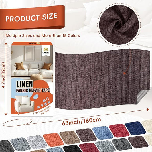 Linen Fabric Repair Tape 4.7x63 Inch, Self Adhesive Couch Patch Repair Fabric Tape for Furniture, Linen Patch Kit for Couch, Carpet, Upholstery, Chair, Sofa, Cushion, Bag (Dark Brown)