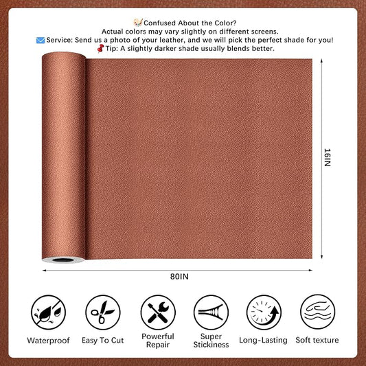 Brown Leather Repair Tape, 16x80 Inch Leather Repair Patch Self-Adhesive, Waterproof Faux Leather Patch, Vinyl Repair Tape for Couch, Sofas, Furniture, Office Chair, Car Seats