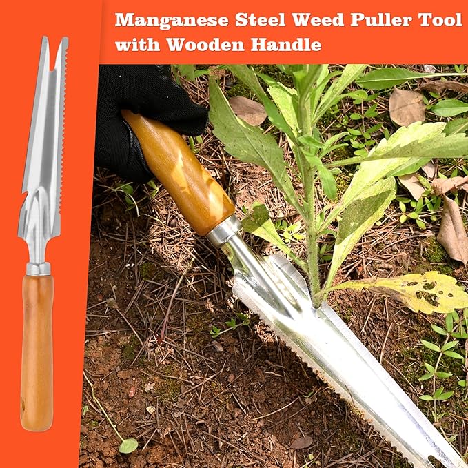 BokingOne 5-in-1 Stainless Steel Hand Weeder Puller Tool & Dandelion Fork Knife - Hand Weed Removal Tool for Weeding, Planting, Transplanting, Soil Cultivating & Flower Care(13.8-inches