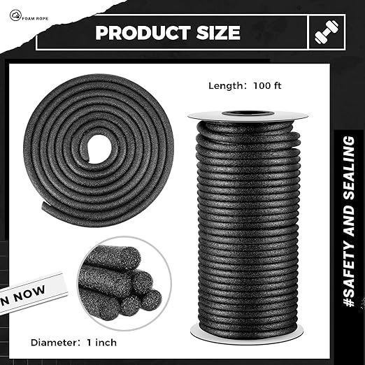 MotiMind 1 Inch x 100 ft Foam Backer Rod for Gaps Joints Concrete Crack Filler Caulk Saver Bulk Foam Backing Rod Concrete Filler Rope for Weather Stripping Door Seal (Black)