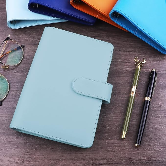 Antner A6 PU Leather Notebook Binder Refillable 6 Ring Budget Binder for A6 Filler Paper, Loose Leaf Personal Planner Binder Cover with Magnetic Buckle, Mint Blue