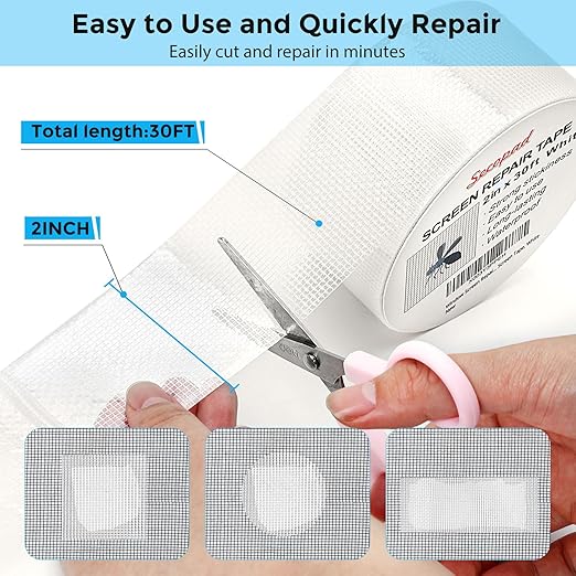 Secopad White Window Screen Repair Tape, 2 in X 30 FT (360IN) Kit for Windows or Doors, Strong Adhesive Patch Fiberglass Mesh Repair