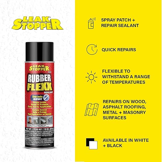 Leak Stopper Rubber Flexx – 18oz Waterproof Repair & Sealant Spray - Point & Spray to Seal Cracks, Holes, Leaks, Corrosion & More | Black – 3 cans
