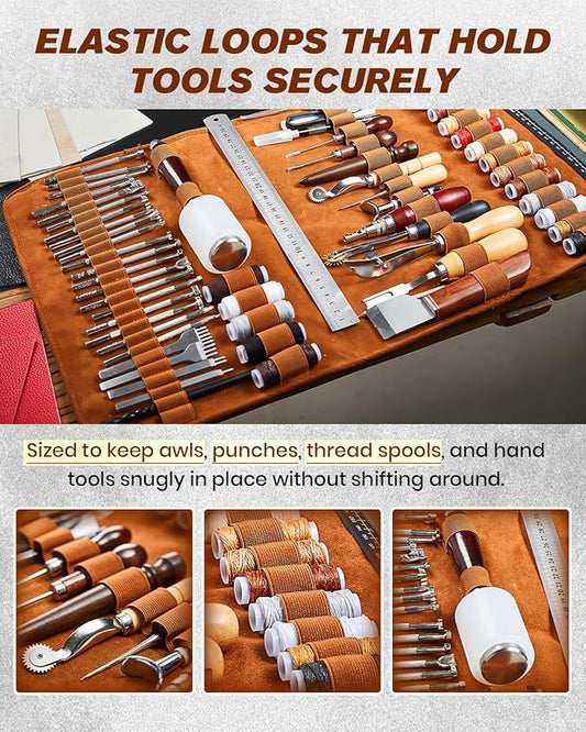 SAKERNEO Leather Working Tools kit Max Version with Custom Handbag Cutting Mats Engraving Punching Sewing Stamping Sanding Tools for Handicraft Work,Repair