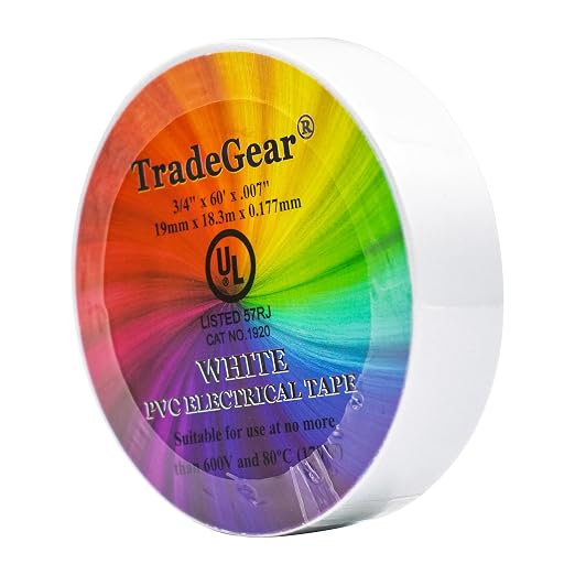 TradeGear White 1 Pack - UL Listed Colored Electrical Tape, 60 ft x 3/4 in, 600V, Flame Retardant, Waterproof, Rubber Adhesive - Phase Marking, Wire ID, Automotive