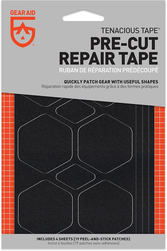 GEAR AID Tenacious Tape Repair Patches – Peel-and-Stick Nylon Gear Patches for Jackets, Tents, Sleeping Bags, Backpacks, and Outdoor Gear – Fix Rips, Tears, and Holes, 19 Various Sizes, Black