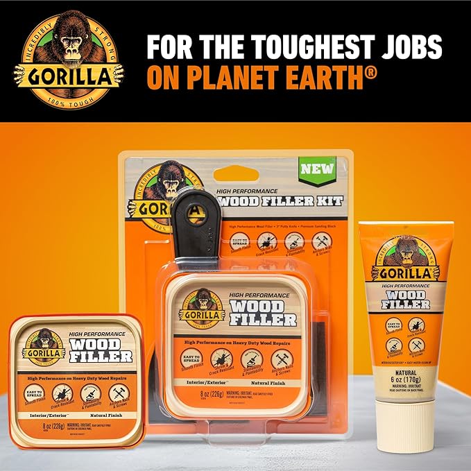 Gorilla All Purpose Wood Filler, Natural Color, 6 Ounce Tube (Pack of 2) - Water Resistant for Indoor or Outdoor Projects and Repairs