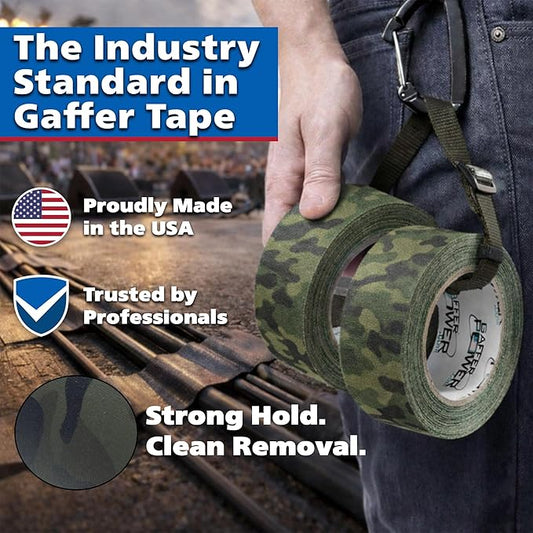 Gaffer Power Muted Army Green Camo Gaffer Tape – Professional Grade, Made in USA, Non-Reflective Matte Cloth Tape, Heavy Duty, Easy Tear, Residue-Free – 2 Inch x 25 Yards