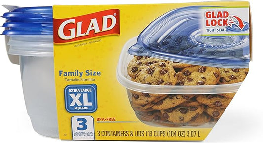 Glad GladWare XL Square Food Storage Containers with Lock Tight Lids, BPA-Free Family Size Plastic Containers for Leftovers, Meal Prep, and Freezer Storage, Dishwasher Safe, 104 Oz, 3 Count - 3 Pack