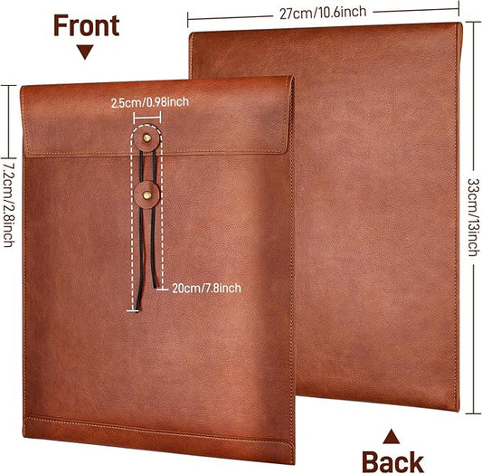 Grey PU Leather File Folder for Documents,Important Document Folder with String Tie,Laptop Sleeve Notebook Case,Leather File Organizer,A4 Envelopes Filing Folder