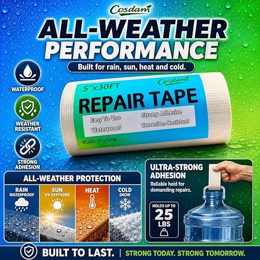 Clear Heavy - Duty Waterproof Vinyl Repair Tape (30ft x 5") for Fabric Boat Covers, Canvas Tents, Pop - Up Campers, RV Awnings, Tarps, Canopies and Sails (Clear)