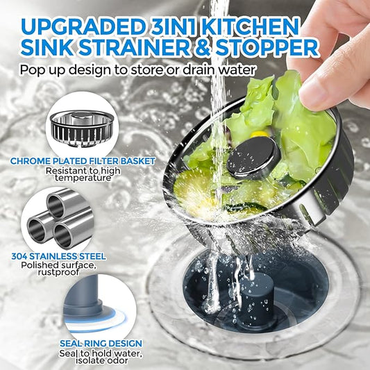 zaa Kitchen Sink Drain Strainer - Kitchen Sink Stopper, 304 Stainless Steel Sink Drain Stopper, Sink Protector for Kitchen with Anti-Clog Filter, Fit US Standard 3-1/2'' Sink Drain Hole, Gray