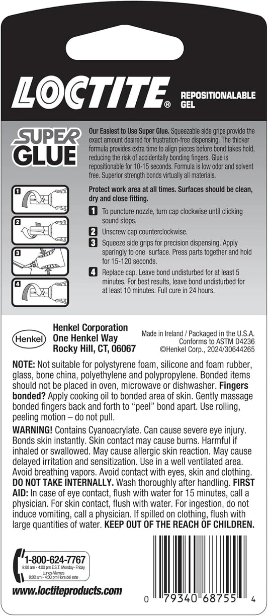 Loctite Super Glue Repositionable Gel, Clear, 0.14 fl oz Bottle, 2 Pack - Superglue for Plastic, Wood, Metal, Crafts & Repair, Cyanoacrylate Adhesive Instant Glue
