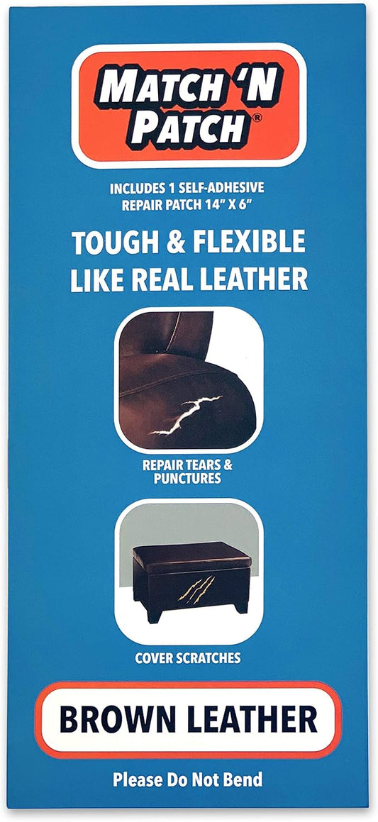 MATCH 'N PATCH Brown Leather Repair Tape, 6" x 14" for Furniture | Realistic Faux Leather Patches for Couch, Sofa, Upholstery, Car Seat & Other Furniture, Vinyl Repair Kit, Self Adhesive Patch