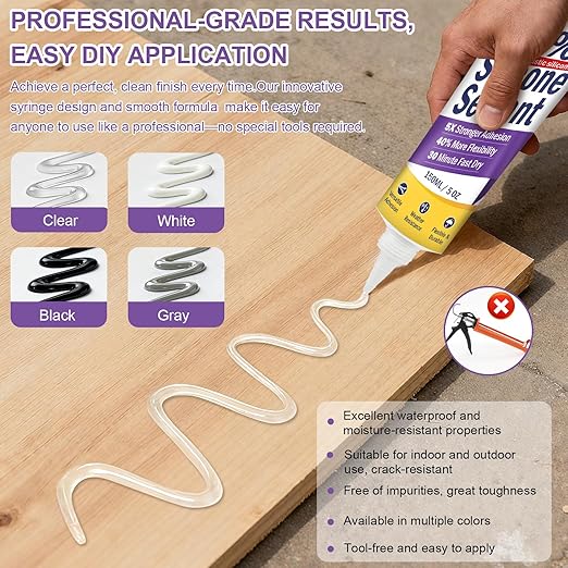 No Caulking Gun Needed – 5oz Silicone Sealant, 100% Waterproof & Flexible Adhesive Caulk, UV Weather Resistant for Kitchen Bathroom Shower Window Auto, Crack Proof Sealant Tube(Gray)