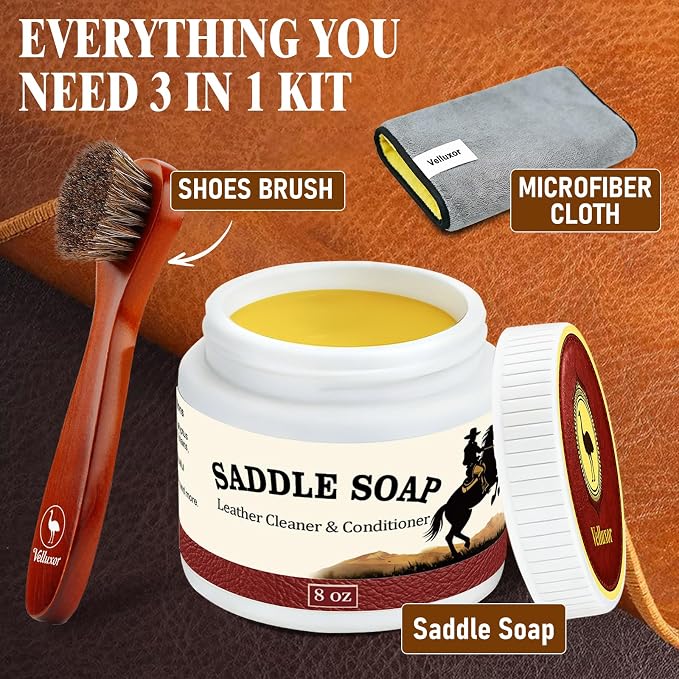 Yellow Saddle Soap 8oz, Natural Leather Cleaner and Conditioner, Soften, Protect and Restore Leather, Leather Cleaner for Boots, Shoes, Purses, Handbags, Car Seats, Couches and Saddles