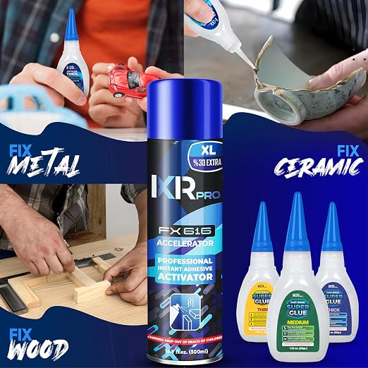 CA Glue with Activator Kit – 9 x 1.75 oz (Thin, Medium, Thick) + 3X 16.9 fl oz Accelerator Spray, Cyanoacrylate Super Glue for Woodworking, 3D Printing, Plastic, Guitar Repair & Hobby Projects