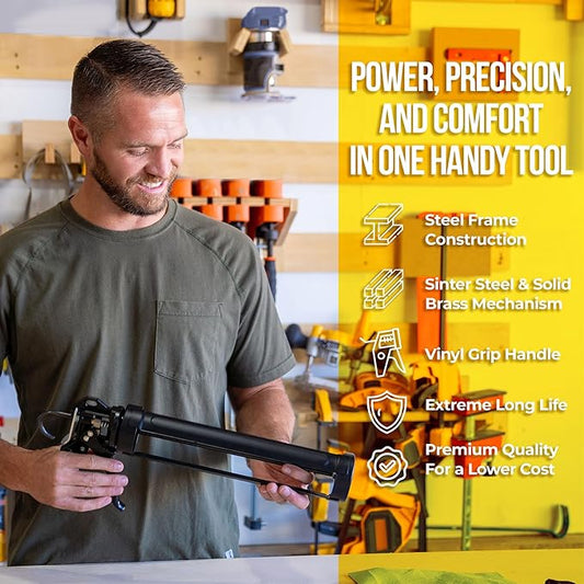 AWF PRO Heavy Duty Caulk Gun, 18:1 Thrust Ratio, Steel Frame Construction, Rotating Barrel, Ladder Hook, Puncture Tool & No Drip Pressure Release Tab, 10 oz Caulking Gun