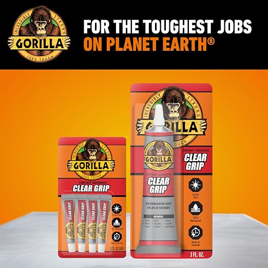 Gorilla Clear Grip Waterproof Contact Adhesive Minis, Four .2 Ounce Tubes, Clear, (Pack of 1)