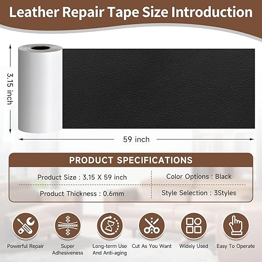 Black Leather Repair Tape, 3.15" x 59" Heavy Duty Vinyl Repair Patch, Waterproof Self Adhesive Leather Repair Kit for Fixing Holes & Scratches on Couch, Car Seat, Furniture