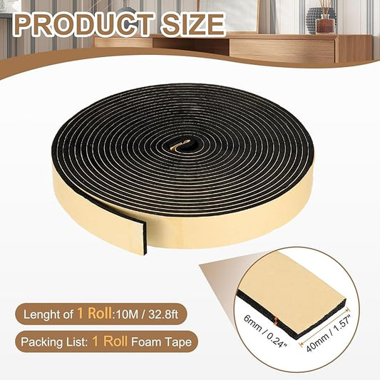 PATIKIL Foam Insulation Tape, 1-1/2" W x 1/4" t x 32.8FT Self Adhesive Weather Stripping Door Seal Strip for Door Window Air Conditioning, Black