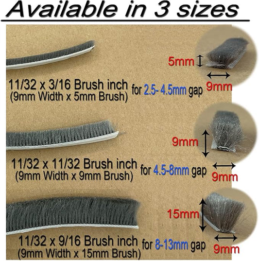 Fuzzy Weatherstripping for Window and Door Frame Side, Pile Self Adhesive Brush Weather Strip Seal Strip Sealer Felt Insulation (16ft x11/32 Backing x 9/16 Brush inch, Grey)
