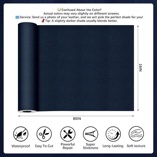 Navy Blue Leather Repair Tape, 16x80 Inch Leather Repair Patch Self-Adhesive, Waterproof Faux Leather Patch, Vinyl Repair Tape for Couch, Sofas, Furniture, Office Chair, Car Seats