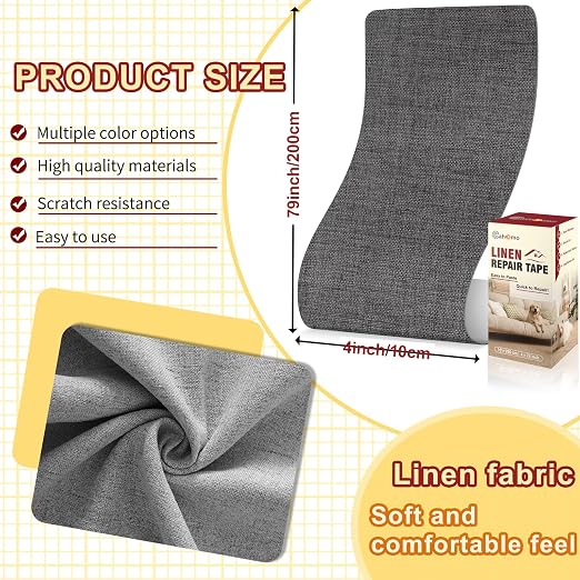 Cahomo Linen Repair Tape 4x79 inch, Self Adhesive Fabric Patches, Linen Patch Tape Kit, Fabric Repair Tape for Couch Sofas, Headboards, Chairs, Pillows, Curtains, Couches - Medium Grey
